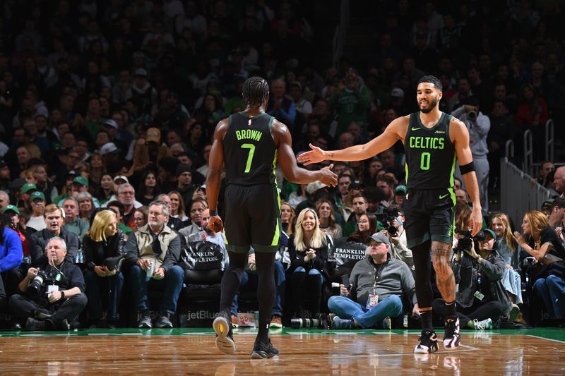 BOSTON, MA - NOVEMBER 25: Jaylen Brown #7 high five during the game Jayson Tatum #0 of the Boston Celtics during the game against the LA Clippers on November 25, 2024 at TD Garden in Boston, Massachusetts. NOTE TO USER: User expressly acknowledges and agrees that, by downloading and/or using this Photograph, user is consenting to the terms and conditions of the Getty Images License Agreement. Mandatory Copyright Notice: Copyright 2024 NBAE (Photo by Brian Babineau/NBAE via Getty Images)