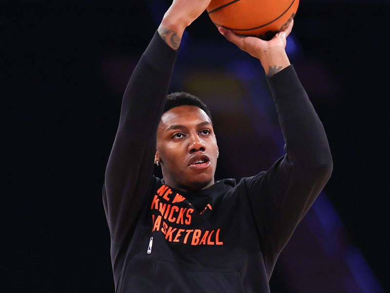 NEW YORK, NEW YORK - DECEMBER 25: RJ Barrett #9 of the New York Knicks shoots during warm up prior to the game against the Milwaukee Bucks at Madison Square Garden on December 25, 2023 in New York City.  NOTE TO USER: User expressly acknowledges and agrees that, by downloading and or using this photograph, User is consenting to the terms and conditions of the Getty Images License Agreement. (Photo by Rich Graessle/Getty Images)