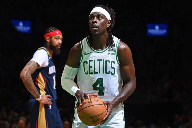 BOSTON, MA - JANUARY 29: Jrue Holiday #4 of the Boston Celtics prepares to shoot a free throw during the game against the New Orleans Pelicans on January 29, 2024 at the TD Garden in Boston, Massachusetts. NOTE TO USER: User expressly acknowledges and agrees that, by downloading and or using this photograph, User is consenting to the terms and conditions of the Getty Images License Agreement. Mandatory Copyright Notice: Copyright 2024 NBAE  (Photo by Brian Babineau/NBAE via Getty Images)