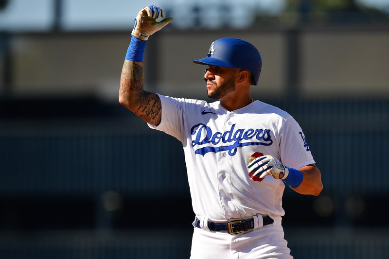 Jun 25, 2023; Los Angeles, California, USA; Los Angeles Dodgers left fielder David Peralta (6) reacts after reaching first on a single against the Houston Astros during the fourth inning at Dodger Stadium. Mandatory Credit: Gary A. Vasquez-USA TODAY Sports