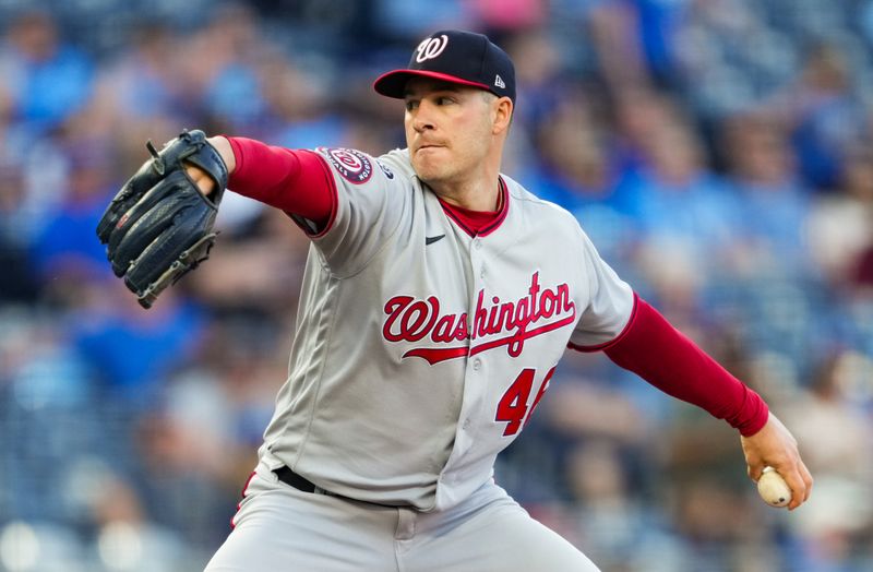 May 26, 2023; Kansas City, Missouri, USA; Washington Nationals starting pitcher Patrick Corbin (46) pitches during the first inning against the Kansas City Royals at Kauffman Stadium. Mandatory Credit: Jay Biggerstaff-USA TODAY Sports