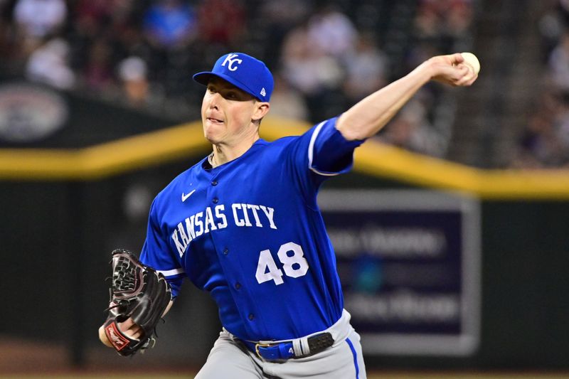 Apr 26, 2023; Phoenix, Arizona, USA; Kansas City Royals relief pitcher Ryan Yarbrough (48) throws in the first inning against the Arizona Diamondbacks at Chase Field. Mandatory Credit: Matt Kartozian-USA TODAY Sports