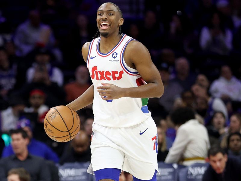 PHILADELPHIA, PENNSYLVANIA - JANUARY 08: Tyrese Maxey #0 of the Philadelphia 76ers dribbles the ball during a game against the Washington Wizards at the Wells Fargo Center on January 08, 2025 in Philadelphia, Pennsylvania. NOTE TO USER: User expressly acknowledges and agrees that, by downloading and or using this photograph, User is consenting to the terms and conditions of the Getty Images License Agreement. (Photo by Emilee Chinn/Getty Images)