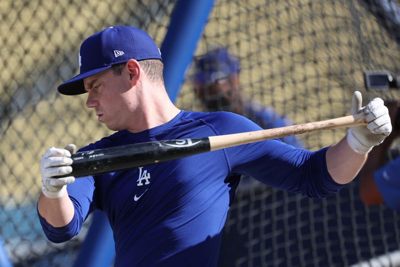 Oct 9, 2023; Los Angeles, California, USA; Los Angeles Dodgers catcher Will Smith (16) stretches before game two of the NLDS between the Los Angeles Dodgers and the Arizona Diamondbacks for the 2023 MLB playoffs at Dodger Stadium. Mandatory Credit: Kiyoshi Mio-USA TODAY Sports