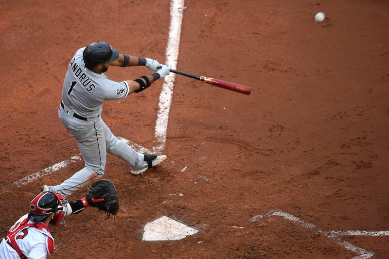 Sep 24, 2023; Boston, Massachusetts, USA; Chicago White Sox shortstop Elvis Andrus (1) hits an RBI double during the fifth inning against the Boston Red Sox at Fenway Park. Mandatory Credit: Bob DeChiara-USA TODAY Sports