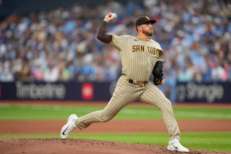 Jul 18, 2023; Toronto, Ontario, CAN; San Diego Padres starting pitcher Joe Musgrove (44) pitches to the Toronto Blue Jays  during the first inning at Rogers Centre. Mandatory Credit: John E. Sokolowski-USA TODAY Sports