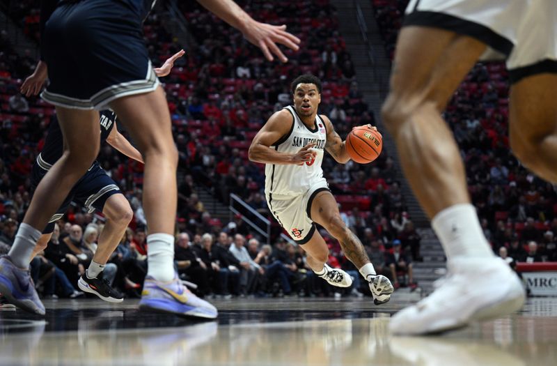 Jan 25, 2023; San Diego, California, USA; San Diego State Aztecs guard Matt Bradley (20) dribbles the ball during the first half against the Utah State Aggies at Viejas Arena. Mandatory Credit: Orlando Ramirez-USA TODAY Sports