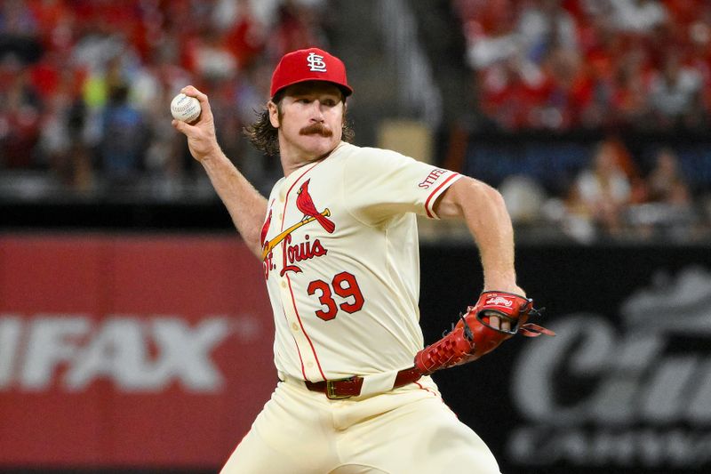 Sep 21, 2024; St. Louis, Missouri, USA;  St. Louis Cardinals starting pitcher Miles Mikolas (39) pitches against the Cleveland Guardians during the sixth inning at Busch Stadium. Mandatory Credit: Jeff Curry-Imagn Images