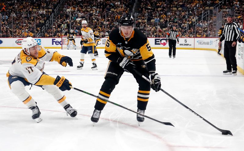 Apr 15, 2024; Pittsburgh, Pennsylvania, USA;  Pittsburgh Penguins defenseman Ryan Shea (5) moves the puck against Nashville Predators center Mark Jankowski (17) during the third period at PPG Paints Arena. The Penguins won 4-2. Mandatory Credit: Charles LeClaire-USA TODAY Sports