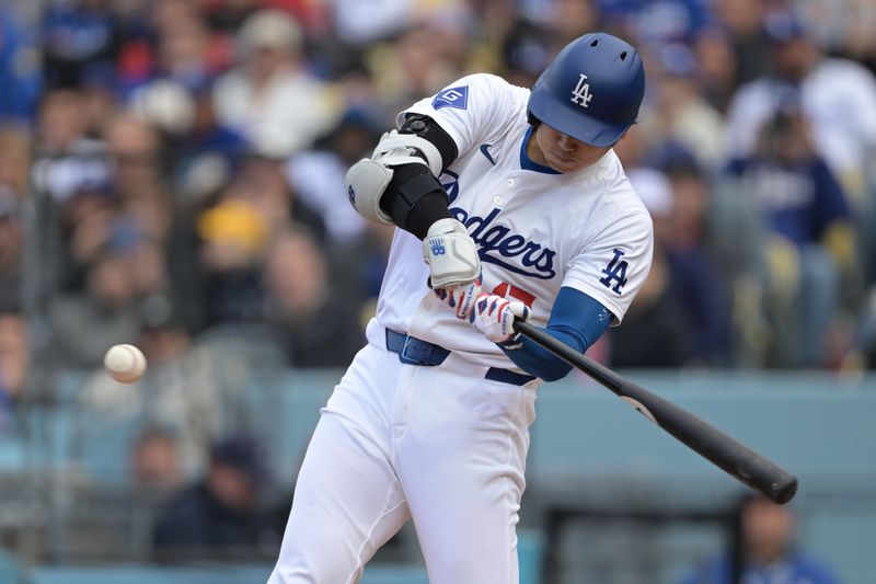 Apr 14, 2024; Los Angeles, California, USA; Los Angeles Dodgers designated hitter Shohei Ohtani (17) at bat in the third inning against the San Diego Padres at Dodger Stadium. Mandatory Credit: Jayne Kamin-Oncea-USA TODAY Sports