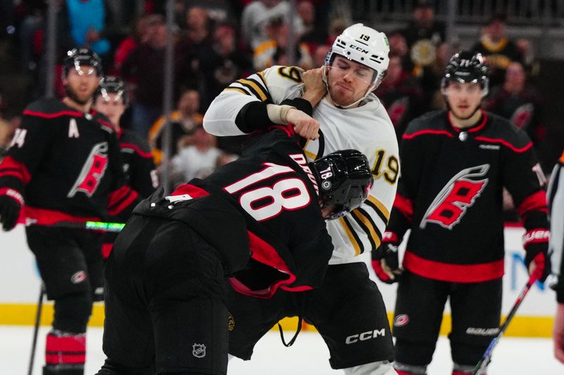 Apr 4, 2024; Raleigh, North Carolina, USA; Boston Bruins center Johnny Beecher (19) and Carolina Hurricanes center Jack Drury (18) fight during the first period at PNC Arena. Mandatory Credit: James Guillory-USA TODAY Sports