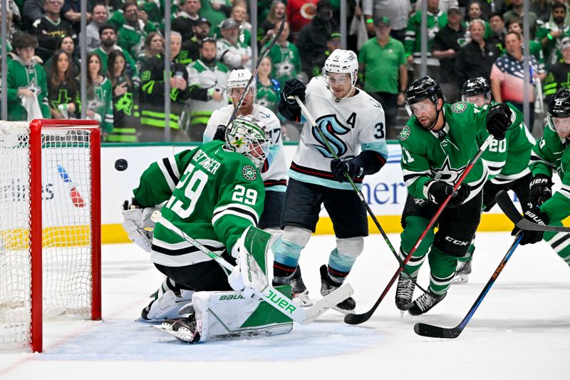 May 15, 2023; Dallas, Texas, USA; Dallas Stars goaltender Jake Oettinger (29) allows a goal to Seattle Kraken right wing Oliver Bjorkstrand (not pictured) during the third period in game seven of the second round of the 2023 Stanley Cup Playoffs at the American Airlines Center. Mandatory Credit: Jerome Miron-USA TODAY Sports