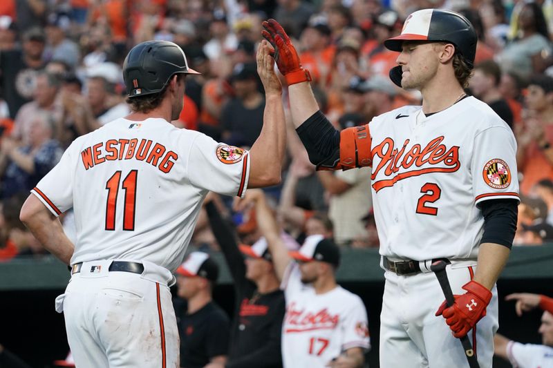 Jul 30, 2023; Baltimore, Maryland, USA; Baltimore Orioles second baseman Jordan Westburg (11) is greeted by shortstop Gunnar Henderson (2) after scoring a run in the first inning against the New York Yankees at Oriole Park at Camden Yards. Mandatory Credit: Mitch Stringer-USA TODAY Sports