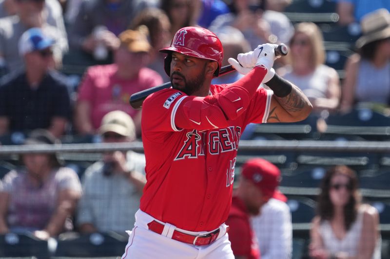 Mar 3, 2024; Tempe, Arizona, USA; Los Angeles Angels center fielder Aaron Hicks (12) bats against the Chicago White Sox during the first inning at Tempe Diablo Stadium. Mandatory Credit: Joe Camporeale-USA TODAY Sports