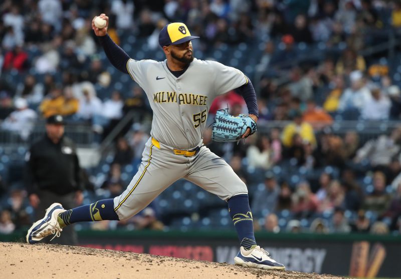 May 23, 2025; Pittsburgh, Pennsylvania, USA;  Milwaukee Brewers relief pitcher Grant Anderson (56) pitches against he Pittsburgh Pirates during the fifth inning at PNC Park. Mandatory Credit: Charles LeClaire-Imagn Images