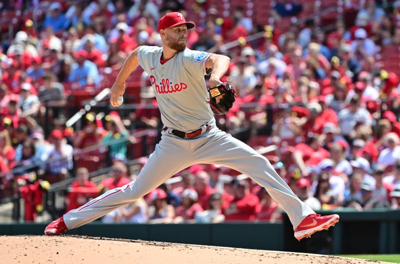 Apr 13, 2025; St. Louis, Missouri, USA; Philadelphia Phillies pitcher Zack Wheeler (45) throws in the first inning against the St. Louis Cardinals at Busch Stadium. Mandatory Credit: Tim Vizer-Imagn Images