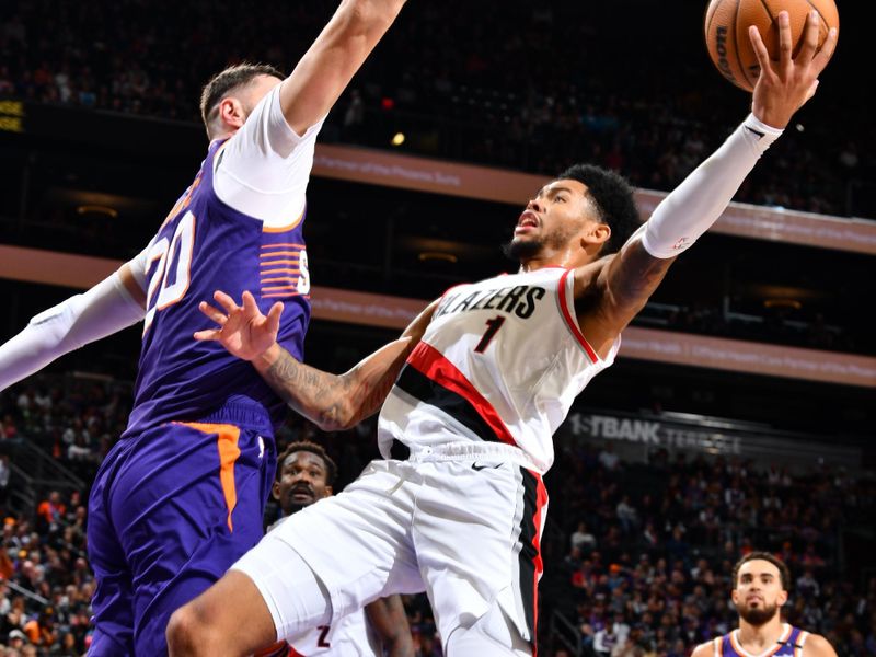 PHOENIX, AZ - NOVEMBER 2: Anfernee Simons #1 of the Portland Trail Blazers drives to the basket during the game against the Phoenix Suns on November 2, 2024 at Footprint Center in Phoenix, Arizona. NOTE TO USER: User expressly acknowledges and agrees that, by downloading and or using this photograph, user is consenting to the terms and conditions of the Getty Images License Agreement. Mandatory Copyright Notice: Copyright 2024 NBAE (Photo by Barry Gossage/NBAE via Getty Images)