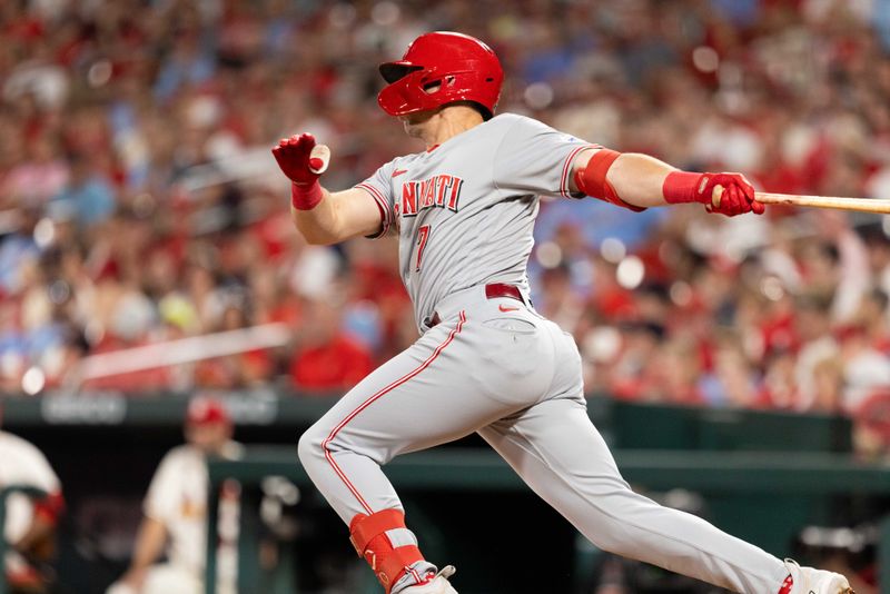 Sep 30, 2023; St. Louis, Missouri, USA; Cincinnati Reds first baseman Spencer Steer (7) hits a double in the fifth inning against the St. Louis Cardinals at Busch Stadium. Mandatory Credit: Zach Dalin-USA TODAY Sports