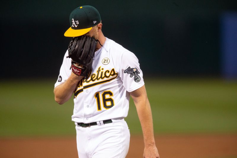 Sep 15, 2023; Oakland, California, USA; Oakland Athletics starting pitcher Sean Newcomb (16) reacts to allowing two more runs to the San Diego Padres during the second inning at Oakland-Alameda County Coliseum. Mandatory Credit: D. Ross Cameron-USA TODAY Sports