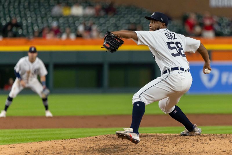 Sep 13, 2023; Detroit, Michigan, USA; Detroit Tigers relief pitcher Miguel Diaz (58) throws in the sixth inning against the Cincinnati Reds at Comerica Park. Mandatory Credit: David Reginek-USA TODAY Sports