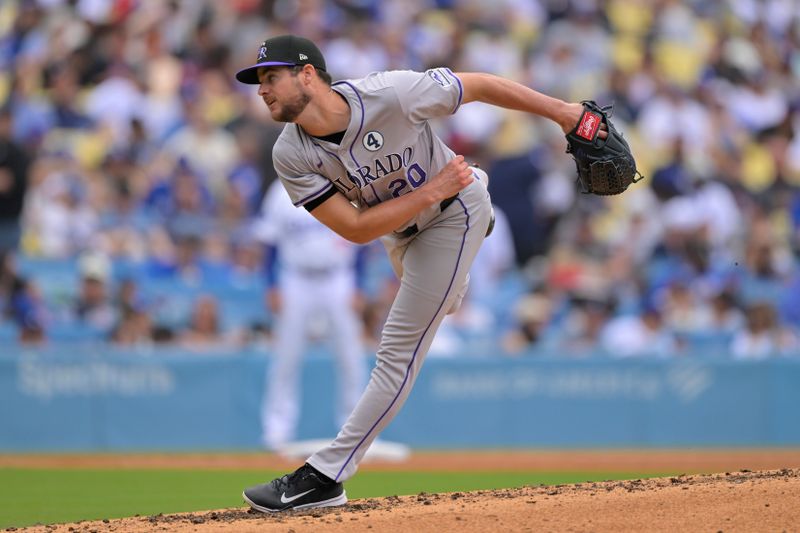 Jun 2, 2024; Los Angeles, California, USA;  Colorado Rockies pitcher Peter Lambert (20) delivers to the plate in the fourth inning against the Los Angeles Dodgers at Dodger Stadium. Mandatory Credit: Jayne Kamin-Oncea-USA TODAY Sports