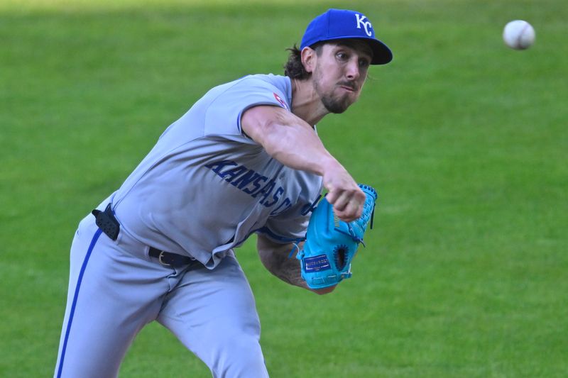Apr 12, 2025; Cleveland, Ohio, USA; Kansas City Royals starting pitcher Michael Lorenzen (24) delivers a pitch in the first inning against the Cleveland Guardians at Progressive Field. Mandatory Credit: David Richard-Imagn Images