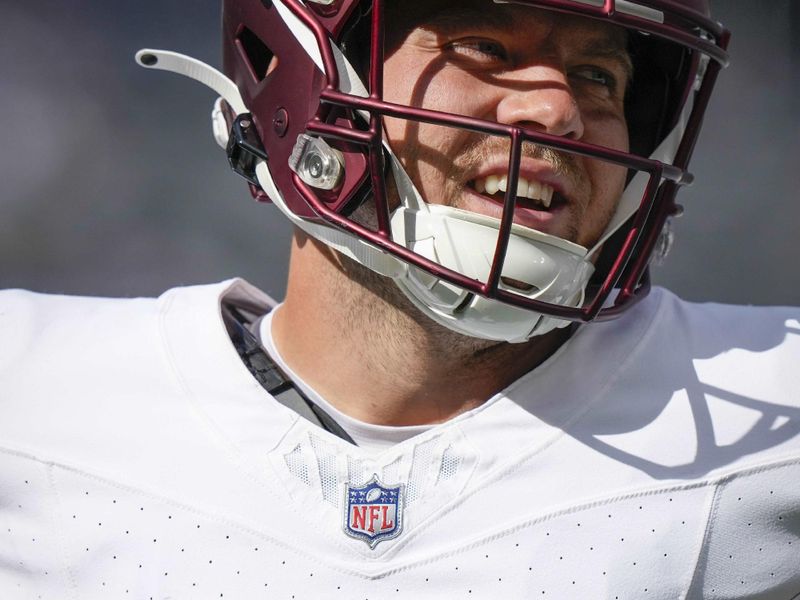 Washington Commanders linebacker David Mayo (51) warms up before an NFL football game against the New York Giants, Sunday Oct. 22, 2023, in East Rutherford, N.J. (AP Photo/Bryan Woolston)