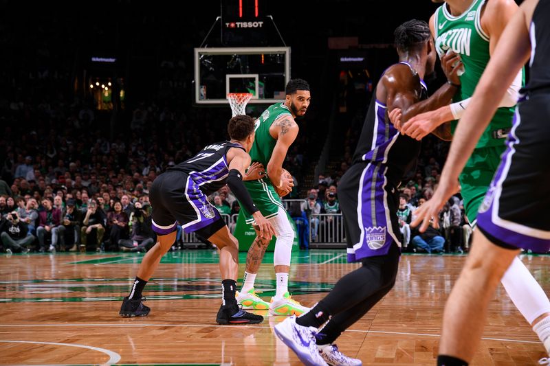 BOSTON, MA - APRIL 5:  Jayson Tatum #0 of the Boston Celtics handles the ball during the game against the Sacramento Kings on April 5, 2024 at the TD Garden in Boston, Massachusetts. NOTE TO USER: User expressly acknowledges and agrees that, by downloading and or using this photograph, User is consenting to the terms and conditions of the Getty Images License Agreement. Mandatory Copyright Notice: Copyright 2024 NBAE  (Photo by Brian Babineau/NBAE via Getty Images)