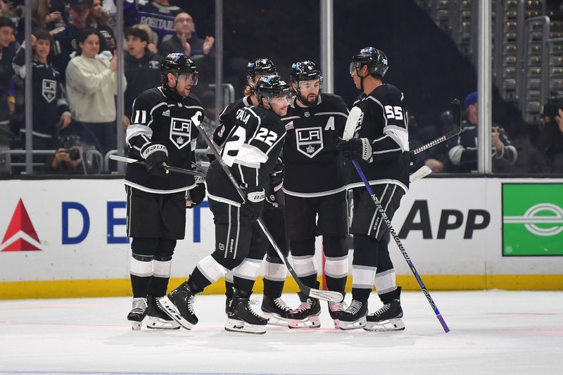 Dec 30, 2023; Los Angeles, California, USA; Los Angeles Kings left wing Kevin Fiala (22) celebrates his power play goal scored against the Edmonton Oilers during the first period at Crypto.com Arena. Mandatory Credit: Gary A. Vasquez-USA TODAY Sports