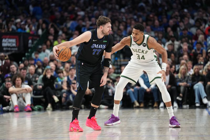 DALLAS, TX - FEBRUARY 3: Luka Doncic #77 of the Dallas Mavericks handles the ball while Giannis Antetokounmpo #34 of the Milwaukee Bucks plays defense during the game on February 3, 2024 at the American Airlines Center in Dallas, Texas. NOTE TO USER: User expressly acknowledges and agrees that, by downloading and or using this photograph, User is consenting to the terms and conditions of the Getty Images License Agreement. Mandatory Copyright Notice: Copyright 2024 NBAE (Photo by Glenn James/NBAE via Getty Images)