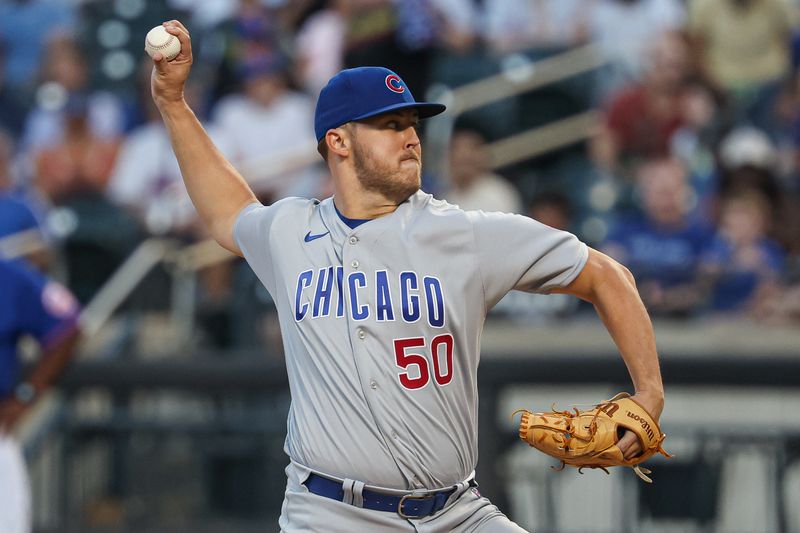 Aug 8, 2023; New York City, New York, USA; Chicago Cubs starting pitcher Jameson Taillon (50) delivers a pitch during the first inning against the New York Mets at Citi Field. Mandatory Credit: Vincent Carchietta-USA TODAY Sports