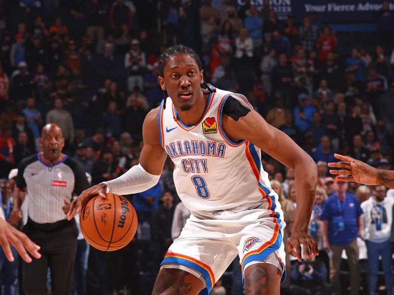 OKLAHOMA CITY, OK - NOVEMBER 20:  Jalen Williams #8 of the Oklahoma City Thunder dribbles the ball during the game against the Portland Trail Blazers on November 20, 2024 at Paycom Center in Oklahoma City, Oklahoma. NOTE TO USER: User expressly acknowledges and agrees that, by downloading and or using this photograph, User is consenting to the terms and conditions of the Getty Images License Agreement. Mandatory Copyright Notice: Copyright 2024 NBAE (Photo by Zach Beeker/NBAE via Getty Images)