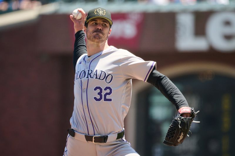 May 19, 2024; San Francisco, California, USA; Colorado Rockies starting pitcher Dakota Hudson (32) throws a pitch against the San Francisco Giants during the second inning at Oracle Park. Mandatory Credit: Robert Edwards-USA TODAY Sports