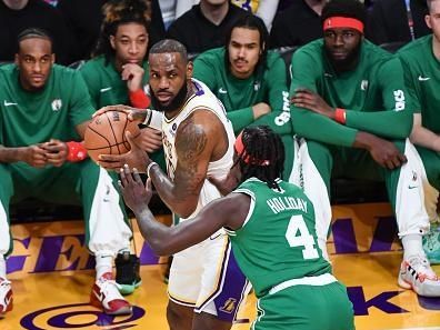 LOS ANGELES, CA - DECEMBER 25:  LeBron James #23 of the Los Angeles Lakers handles the ball during the game  on December 25, 2023 at Crypto.Com Arena in Los Angeles, California. NOTE TO USER: User expressly acknowledges and agrees that, by downloading and/or using this Photograph, user is consenting to the terms and conditions of the Getty Images License Agreement. Mandatory Copyright Notice: Copyright 2023 NBAE (Photo by Juan Ocampo/NBAE via Getty Images)