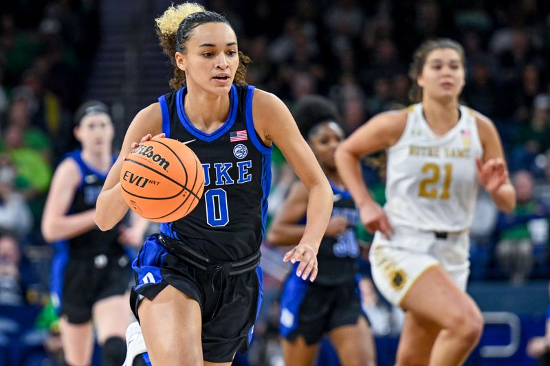 Feb 5, 2023; South Bend, Indiana, USA; Duke Blue Devils guard Celeste Taylor (0) dribbles in the first half against the Notre Dame Fighting Irish at the Purcell Pavilion. Mandatory Credit: Matt Cashore-USA TODAY Sports