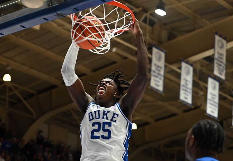 Dec 12, 2023; Durham, North Carolina, USA; Duke Blue Devils forward Mark Mitchell (25) dunks during the second half against the Hofstra Bison at Cameron Indoor Stadium. The Blue Devils won 89-68. Mandatory Credit: Rob Kinnan-USA TODAY Sports