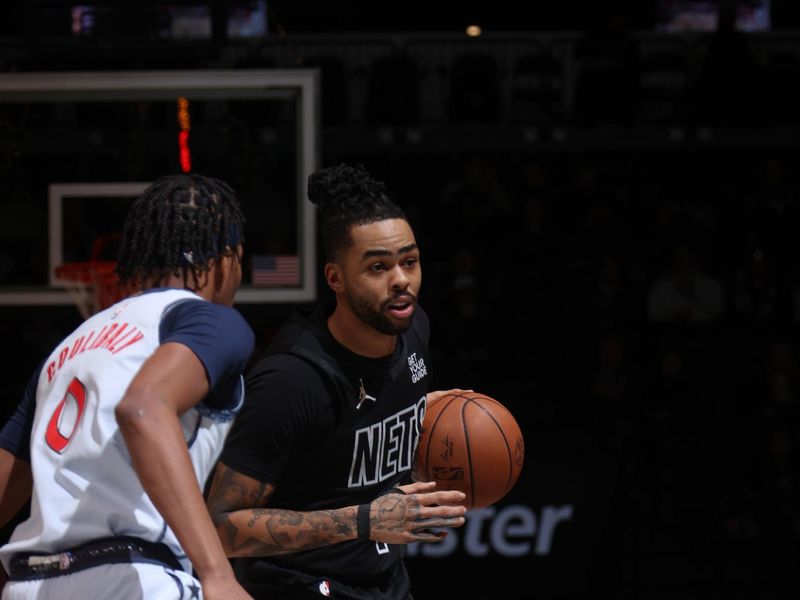 BROOKLYN, NY - FEBRUARY 5: D'Angelo Russell #1 of the Brooklyn Nets looks to pass the ball during the game against the Washington Wizards  on February 5, 2025 at Barclays Center in Brooklyn, New York. NOTE TO USER: User expressly acknowledges and agrees that, by downloading and or using this Photograph, user is consenting to the terms and conditions of the Getty Images License Agreement. Mandatory Copyright Notice: Copyright 2025 NBAE (Photo by Nathaniel S. Butler/NBAE via Getty Images)