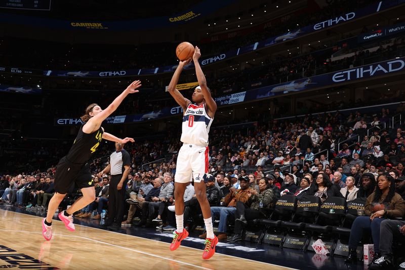 WASHINGTON, DC -? JANUARY 25: Bilal Coulibaly #0 of the Washington Wizards shoots a three point basket during the game against the Utah Jazz on January 25, 2024 at Capital One Arena in Washington, DC. NOTE TO USER: User expressly acknowledges and agrees that, by downloading and or using this Photograph, user is consenting to the terms and conditions of the Getty Images License Agreement. Mandatory Copyright Notice: Copyright 2024 NBAE (Photo by Stephen Gosling/NBAE via Getty Images)
