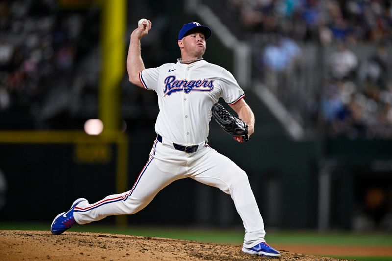 Sep 2, 2024; Arlington, Texas, USA; Texas Rangers relief pitcher Chase Anderson (45) pitches against the New York Yankees during the sixth inning at Globe Life Field. Mandatory Credit: Jerome Miron-USA TODAY Sports