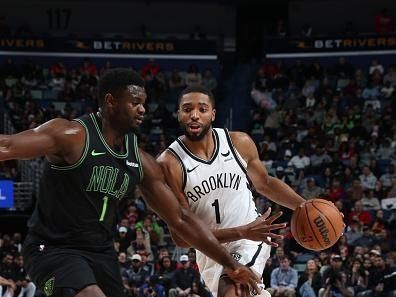 NEW ORLEANS, LA - JANUARY 2: Mikal Bridges #1 of the Brooklyn Nets handles the ball during the game against the New Orleans Pelicans on January 2, 2024 at the Smoothie King Center in New Orleans, Louisiana. NOTE TO USER: User expressly acknowledges and agrees that, by downloading and or using this Photograph, user is consenting to the terms and conditions of the Getty Images License Agreement. Mandatory Copyright Notice: Copyright 2024 NBAE (Photo by Layne Murdoch Jr./NBAE via Getty Images)