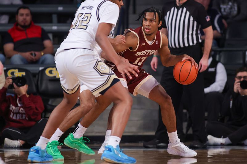 Jan 4, 2025; Atlanta, Georgia, USA; Boston College Eagles guard Donald Hand Jr. (13) handles the ball against the Georgia Tech Yellow Jackets in the second half at McCamish Pavilion. Mandatory Credit: Brett Davis-Imagn Images