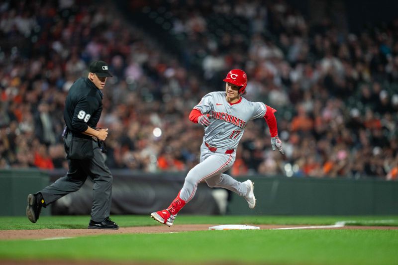 May 10, 2024; San Francisco, California, USA; Cincinnati Reds outfielder Stuart Fairchild (17) rounds third base with an inside the park home run against the San Francisco Giants during the eighth inning at Oracle Park. Mandatory Credit: Neville E. Guard-USA TODAY Sports