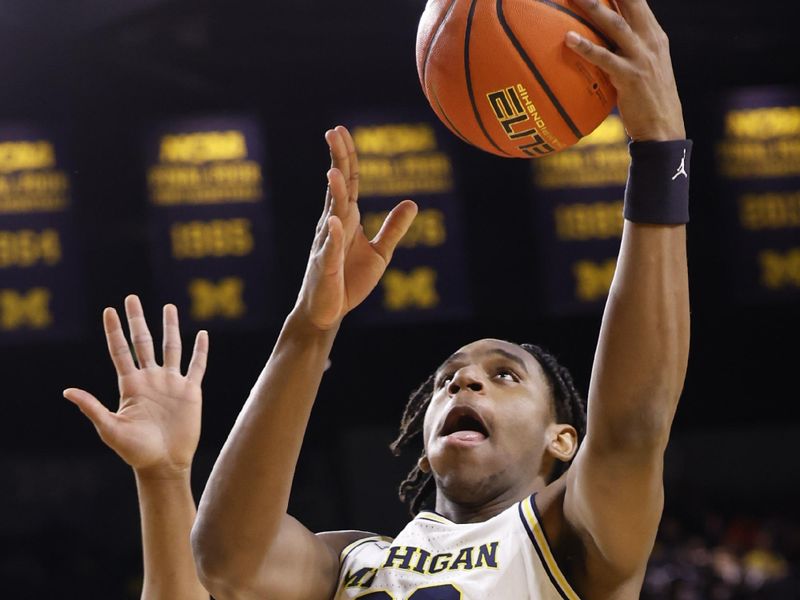 Feb 8, 2023; Ann Arbor, Michigan, USA;  Michigan Wolverines forward Tarris Reed Jr. (32) shoots in the first half against the Nebraska Cornhuskers at Crisler Center. Mandatory Credit: Rick Osentoski-USA TODAY Sports