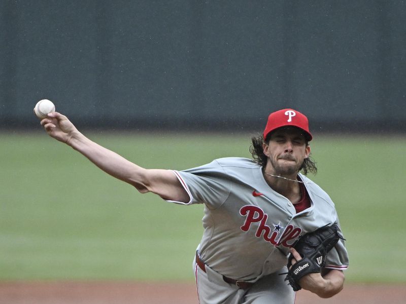 Apr 10, 2024; St. Louis, Missouri, USA;  Philadelphia Phillies starting pitcher Aaron Nola (27) pitches against the St. Louis Cardinals during the third inning at Busch Stadium. Mandatory Credit: Jeff Curry-USA TODAY Sports