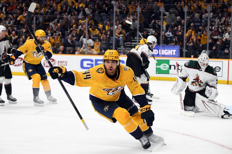 Nov 11, 2023; Nashville, Tennessee, USA; Nashville Predators left wing Kiefer Sherwood (44) celebrates after scoring during the first period against the Arizona Coyotes at Bridgestone Arena. Mandatory Credit: Christopher Hanewinckel-USA TODAY Sports