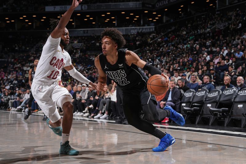 BROOKLYN, NY - FEBRUARY 8: Jalen Wilson #22 of the Brooklyn Nets dribbles the ball during the game against the Cleveland Cavaliers on February 8, 2024 at Barclays Center in Brooklyn, New York. NOTE TO USER: User expressly acknowledges and agrees that, by downloading and or using this Photograph, user is consenting to the terms and conditions of the Getty Images License Agreement. Mandatory Copyright Notice: Copyright 2024 NBAE (Photo by Jesse D. Garrabrant/NBAE via Getty Images)