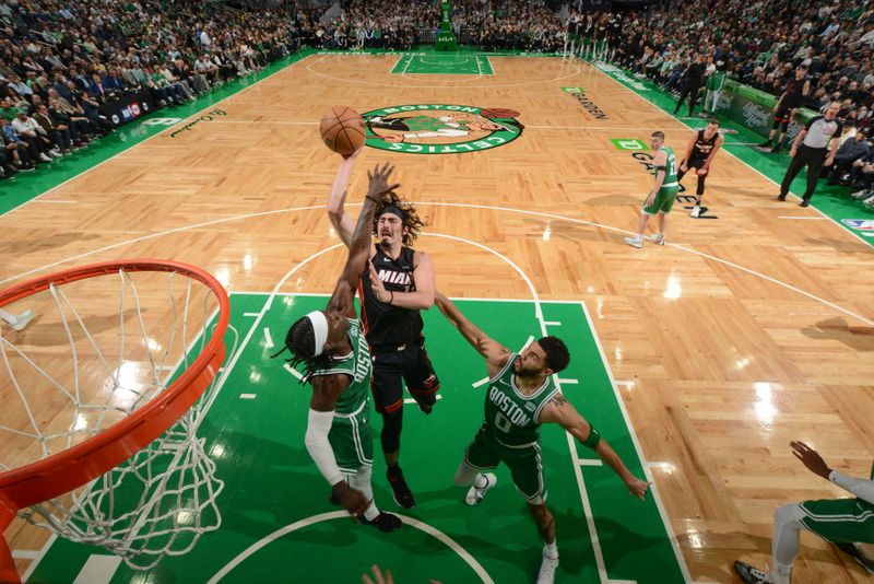 BOSTON, MA - APRIL 24: Jaime Jaquez Jr. #11 of the Miami Heat goes to the basket during the game against the Boston Celtics during Round 1 Game 2 of the 2024 NBA Playoffs on April 24, 2024 at the TD Garden in Boston, Massachusetts. NOTE TO USER: User expressly acknowledges and agrees that, by downloading and or using this photograph, User is consenting to the terms and conditions of the Getty Images License Agreement. Mandatory Copyright Notice: Copyright 2024 NBAE  (Photo by Brian Babineau/NBAE via Getty Images)