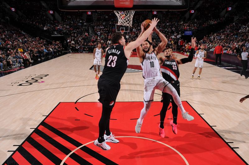 PORTLAND, OR - JANUARY 14: Ben Simmons #10 of the Brooklyn Nets drives to the basket during the game against the Portland Trail Blazers on January 14, 2025 at the Moda Center Arena in Portland, Oregon. NOTE TO USER: User expressly acknowledges and agrees that, by downloading and or using this photograph, user is consenting to the terms and conditions of the Getty Images License Agreement. Mandatory Copyright Notice: Copyright 2025 NBAE (Photo by Cameron Browne/NBAE via Getty Images)