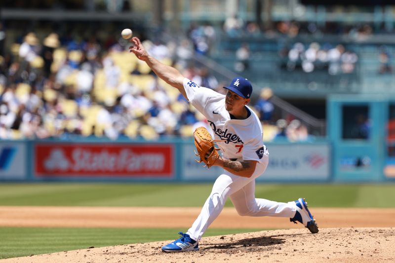 May 8, 2024; Los Angeles, California, USA;  Los Angeles Dodgers pitcher Gavin Stone (71) pitches during the fifth inning against the Miami Marlins at Dodger Stadium. Mandatory Credit: Kiyoshi Mio-USA TODAY Sports