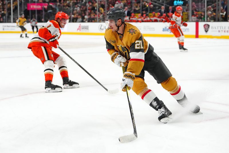 Nov 8, 2025; Las Vegas, Nevada, USA; Vegas Golden Knights center Brett Howden (21) skates against the Anaheim Ducks during the first period at T-Mobile Arena. Mandatory Credit: Stephen R. Sylvanie-Imagn Images